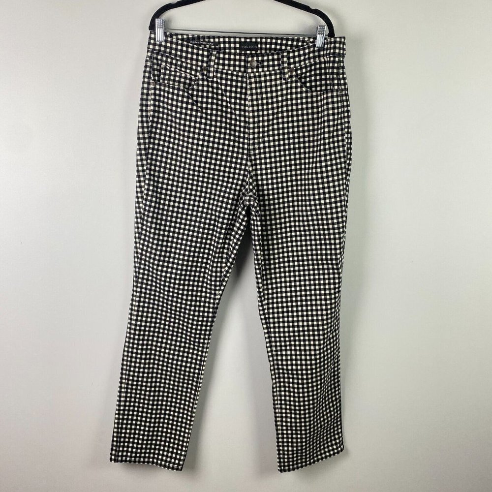Talbots Corduroy Straight Leg Pants Womens 14 Black Ivory Plaid High Rise